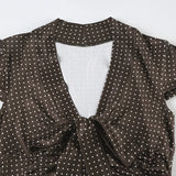 MQTIME  -  French lace up bow polka dot breasted short top with retro style, pleated waist, slimming effect, versatile short sleeved shirt