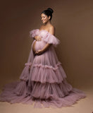 MQTIME  -  Ruffle Evening Dresses Women's Sweetheart Off Shoulder Pregnancy Bathgown Maternity Custom Made Tulle Robe for Photo Shoot