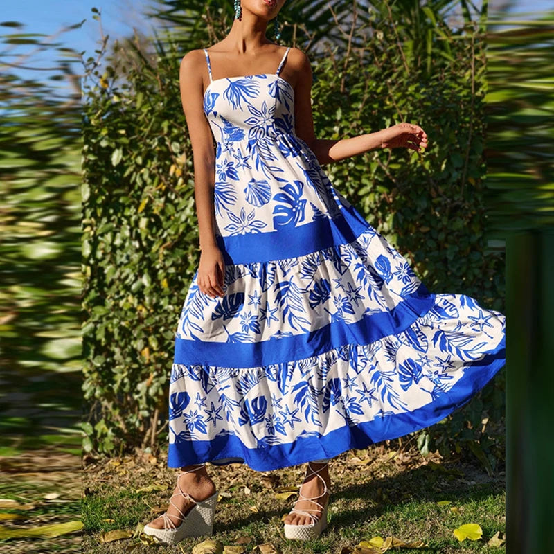 MQTIME  -  Vintage Plant Printed Spaghetti Strap Long Dress Casual Off Shoulder Sleeveless Vacation Dress Women New Summer Big Hem Dresses