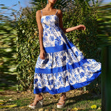 MQTIME  -  Vintage Plant Printed Spaghetti Strap Long Dress Casual Off Shoulder Sleeveless Vacation Dress Women New Summer Big Hem Dresses