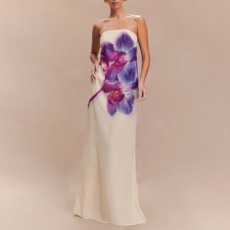 MQTIME  -  Summer New Floral Printed One-piece Robes Elegant Sleeveless Backless Slim Evening Dress Sexy Tube Top Floor-length Long Dress