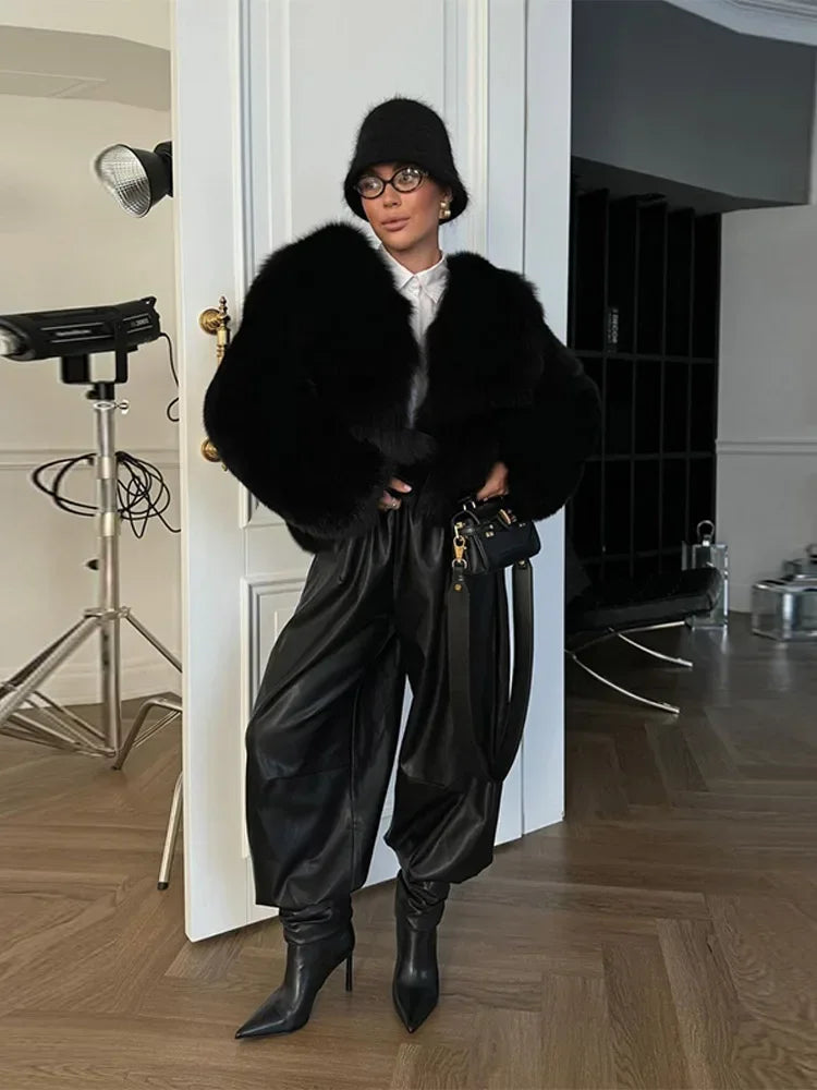 MQTIME  -  Fashion Women's Black High Waist Wide Leg PU Leather Pants Elastic Waist Pockets 2025 Autumn Winter Female High Street Outerwear