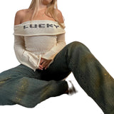 MQTIME  -  Women's Y2K Cute Off Shoulder Sweaters Chest Folding Slash Neck Flare Long Sleeve Slim Fit Knitted See-through Tops