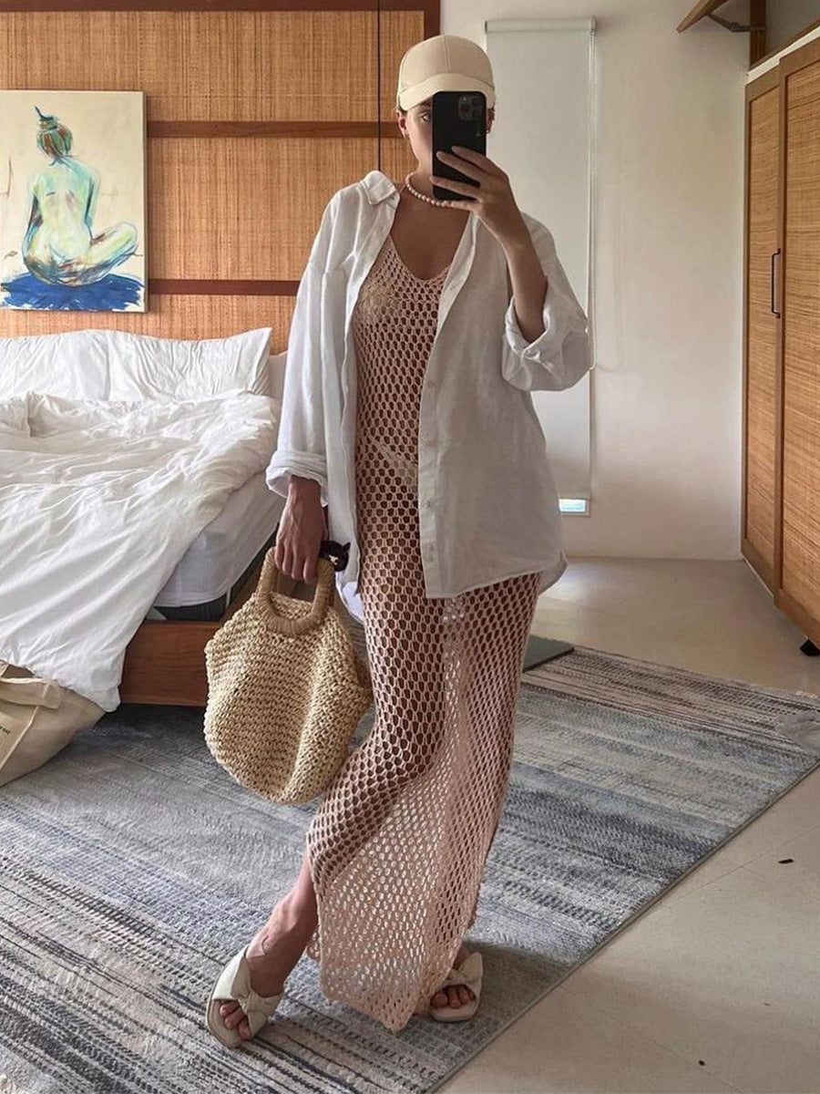 MQTIME  -  Women's Summer Knitted Deep V Neck Cover Ups Crochet Cutout Backless Split Dress Hollow Out Bikini Swimsuit Sundress