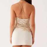 MQTIME  -  Women Summer Flower Embellished Sequin Beading Camisole Top Cowl Neck Thin Straps Open Back Asymmetrical Hem Vest