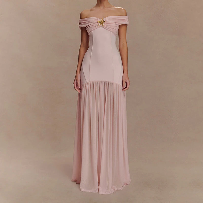 MQTIME  -  French Style Chest Floral Pure Color Spliced Dress Chic New Pleat Wrap Hips Dress Elegant Tube Top Sleeveless Banquet Long Dress