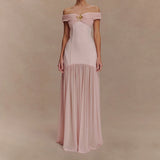 MQTIME  -  French Style Chest Floral Pure Color Spliced Dress Chic New Pleat Wrap Hips Dress Elegant Tube Top Sleeveless Banquet Long Dress