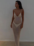 MQTIME  -  Women's Summer Knitted Deep V Neck Cover Ups Crochet Cutout Backless Split Dress Hollow Out Bikini Swimsuit Sundress
