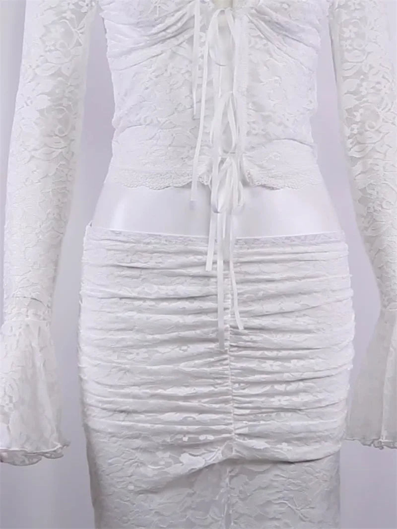 MQTIME  -  Lace Sheer Flared Sleeves Women's Skirt Suit Waist Exposed Pleated Top Black White Slim Party Skirt Spicy New Arrival In Stock