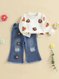 MQTIME  -  Girls Autumn Fashion Floral Print Hoodie and Distressed Denim Flare Pants Set for Toddlers