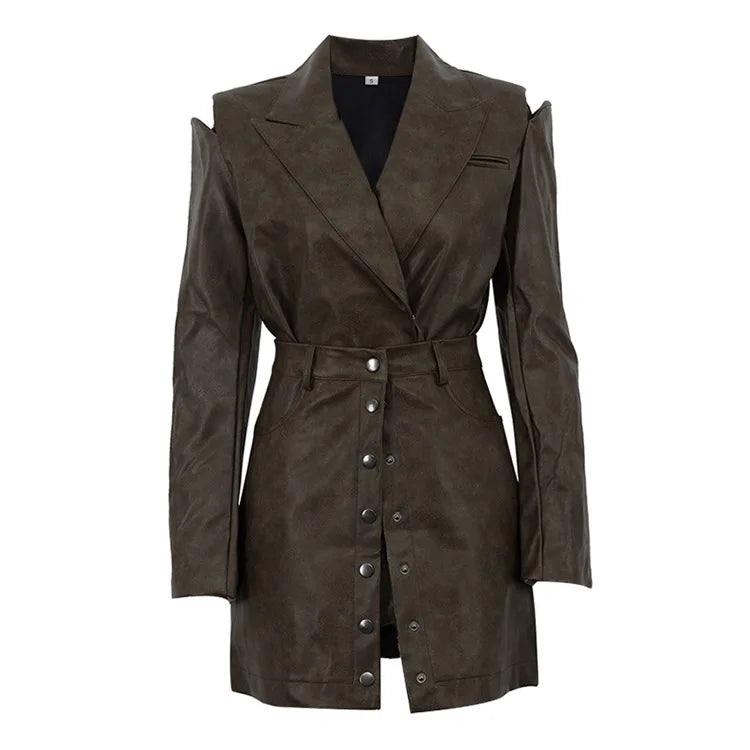 MQTIME  -  Retro Fashion PU Leather Skirt Set Women's Design Sense Cutout Long Sleeve Top Luxury Sense Two-piece Set