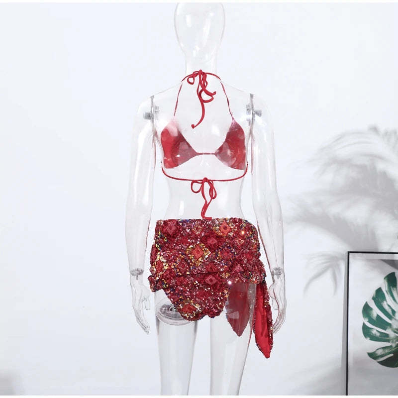 MQTIME  -  Sexy Sequin Bikini Skirt Sets Women Halter Backless Sleeveless Bikinis Lace Up Slim Mini Skirts Set 2025 Summer Lady Beach Suits