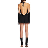 MQTIME  -  Summer Womens Sexy Solid Color Tie Up Hanging V-Neck Cold Shoulder Flare Long Sleeve Backless Short Mini Ruffle Dress