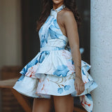 MQTIME  -  Fashion Blue Print Womens Dresses Elegant Halter Neck Open Back Sleeveless Dresses Casual Lace-Up Cascading Ruffle Dress