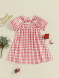 MQTIME  -  Girls Plaid A-line Dress with Short Sleeves and O Neck Featuring Santa Claus Embroidery for Christmas Festivities
