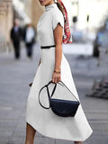 MQTIME  -  Solid Color Elegant Dress for Women High Neck Short Sleeves Midi Party Dresses Asymmetric Pleated Commuter Dress