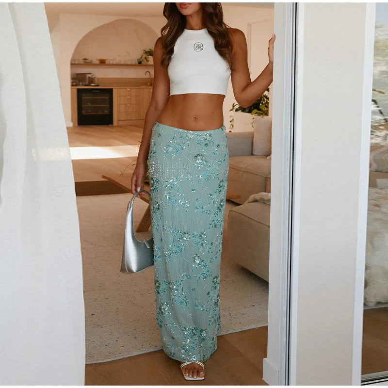 MQTIME  -  Elegant Bead Sequin Vest Embroidered Hip Hugging Half Skirt Women Set Slim Top Straight Tube Skirts 2025 Summer Party Lady Dress