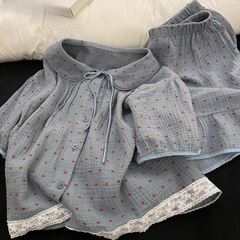 MQTIME  -  Korean Polka Dot Double-layer Cotton Yarn Short-sleeved Pajamas for Women's Summer New Soft and Skin-friendly Home Clothing