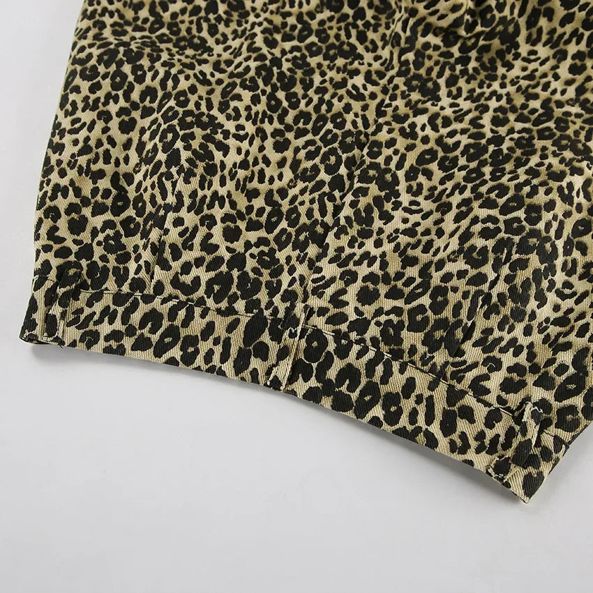 MQTIME  -  Women's Leopard Print High-Waisted Trousers - Button-Fly Wide Leg Pants with Belt Loops, Retro Fall Winter Street Style