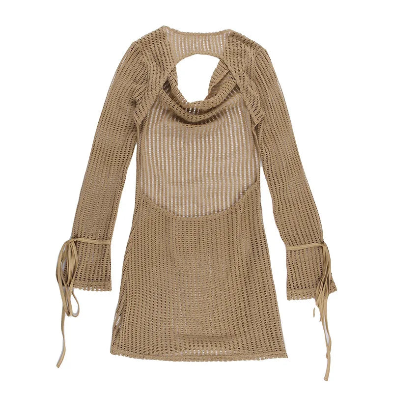 MQTIME  -  V Neck Backless Beach Mini Dress For Women Knitted Fishnet See Through  Long Sleeve Club Sexy Elastic Casual Party Vestidos