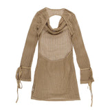 MQTIME  -  V Neck Backless Beach Mini Dress For Women Knitted Fishnet See Through  Long Sleeve Club Sexy Elastic Casual Party Vestidos