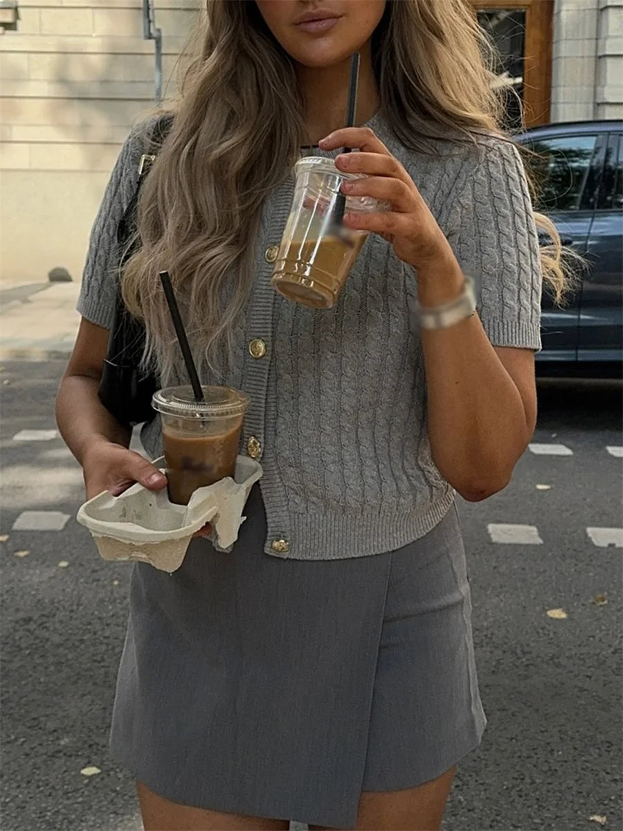 MQTIME  -  Women's Y2K Chic Cable Knitwear Cardigans Striped Short Sleeve Button-down Round Neck Cropped Slim Fit Sweater Tops