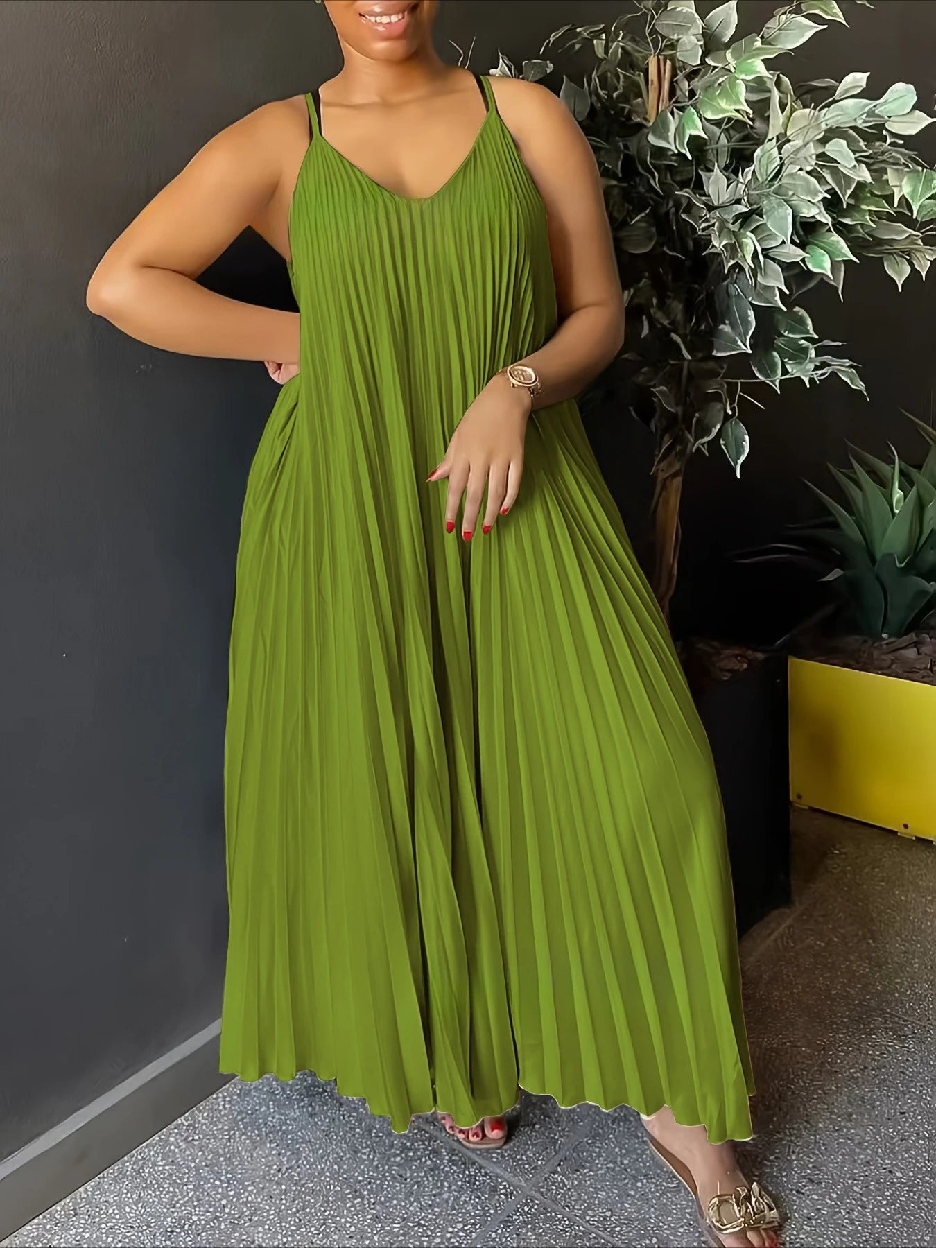 MQTIME  -  Summer High Waist V Neck Casual Sleeveless Dress Pleated Spaghetti Strap Dresses New Relaxed Sexy Maxi Beach Women Dress