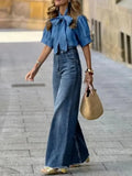 MQTIME  -  Women's Vintage Blue High Waist Jeans Autumn Full Length Urban Casual Straight Leg Denim Pants Trousers Bottoms