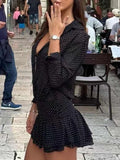 MQTIME  -  New Fashionable Polo Collar Patchwork Dot Mini Dress For Women Patchwork See-Through Elegant Party Dress Women's Autumn Dress