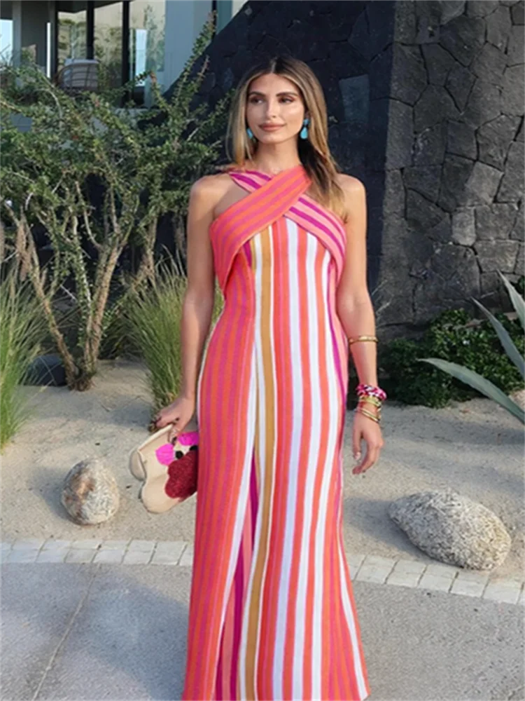 MQTIME  -   Trendy Women's Halter Neck Striped Maxi Dress Chic Backless Sleeveless Fitted Long Dresses Summer Beach Vacation Party Gown