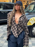 MQTIME  -  Plaid Contrast Collar Irregular Hem Jacket Women Split Single Breasted Shoulder Pads Long Sleeve Street Shirts 2025 Autumn Party