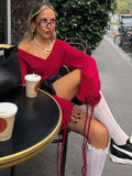 MQTIME  -  Elegant Knitted V-neck Red Sweater Women Vintage 3D Flower Drawstring Long Sleeve Sweaters Female Christmas Chic Street Knitwear