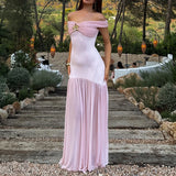 MQTIME  -  French Style Chest Floral Pure Color Spliced Dress Chic New Pleat Wrap Hips Dress Elegant Tube Top Sleeveless Banquet Long Dress