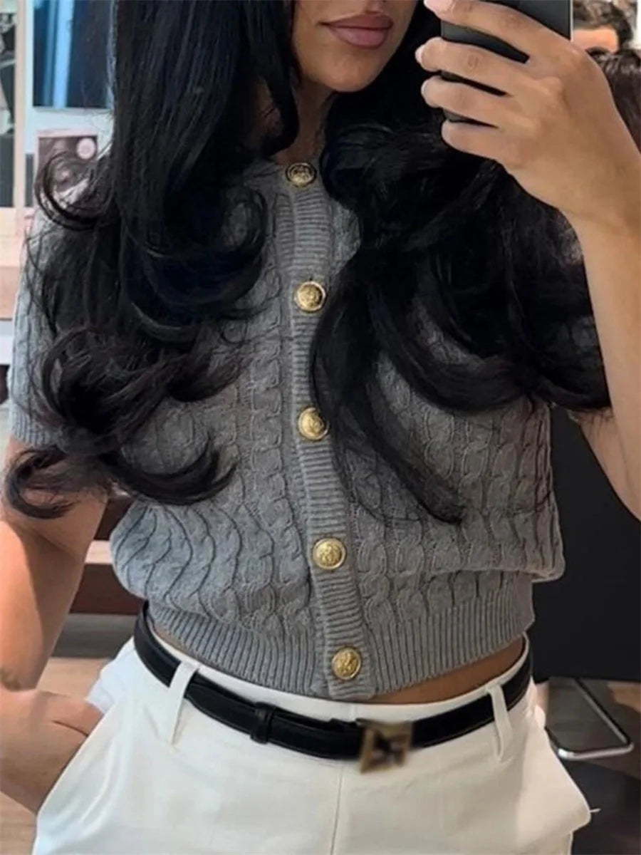 MQTIME  -  Women's Y2K Chic Cable Knitwear Cardigans Striped Short Sleeve Button-down Round Neck Cropped Slim Fit Sweater Tops