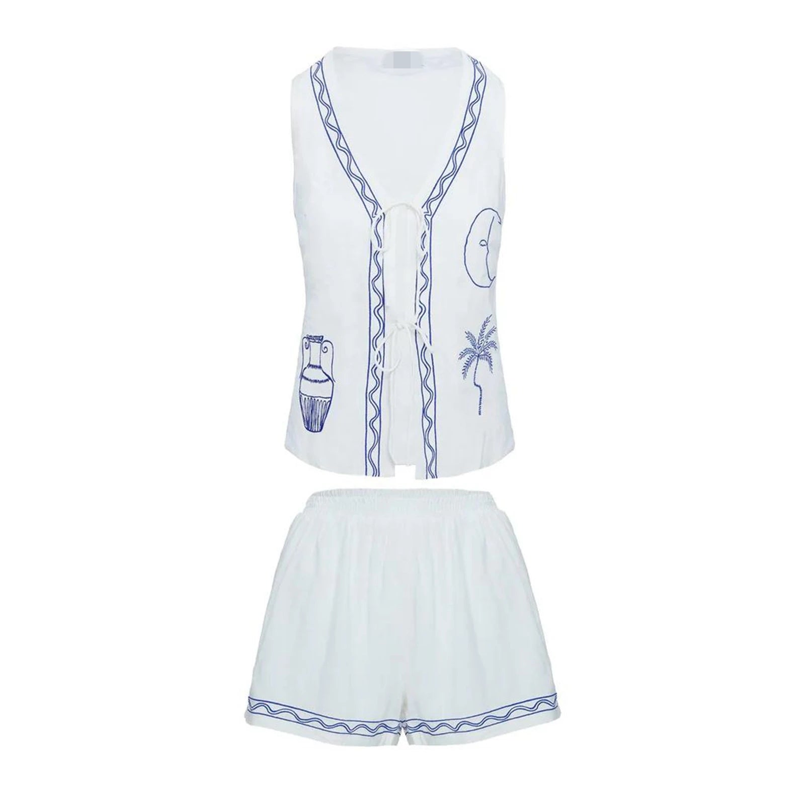 MQTIME  -  Women's Summer Y2K 2 Piece Outfits Set Moon Palm Tree Lac-up V-Neck Sleeveless Vest + Elastic Waist Shorts Loungewear