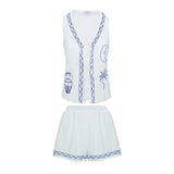 MQTIME  -  Women's Summer Y2K 2 Piece Outfits Set Moon Palm Tree Lac-up V-Neck Sleeveless Vest + Elastic Waist Shorts Loungewear