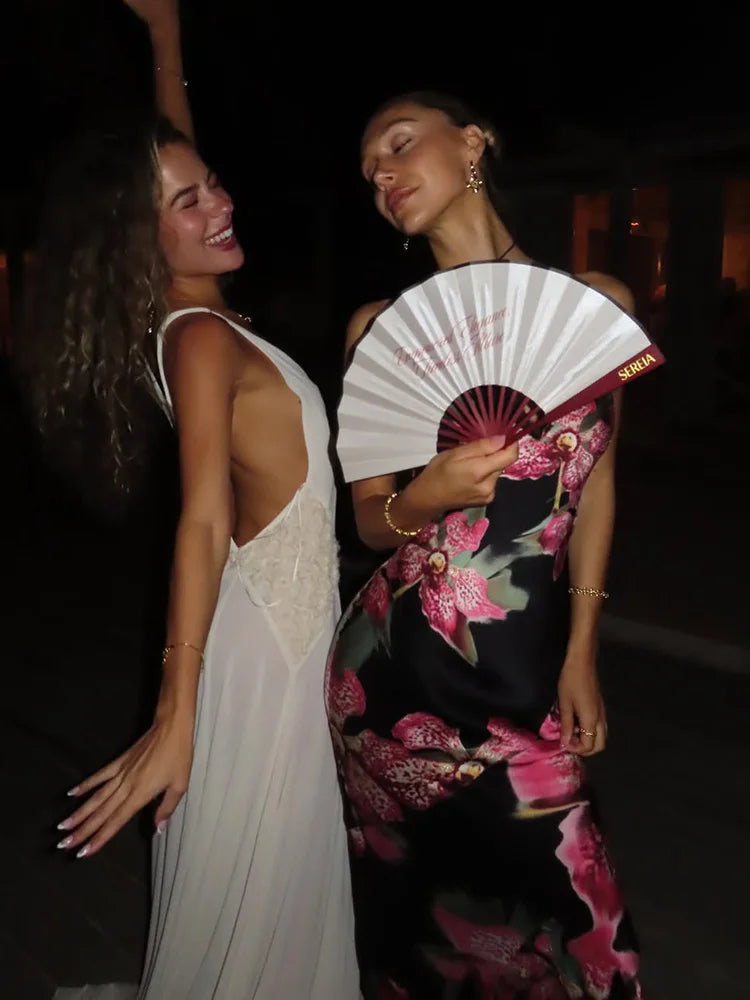 MQTIME  -  Floral Maxi Dresses For Women Sexy Fashion Straps Lace Sleeveless Backless V-Neck Sheath Long Vestidos Robes Female Streetwear