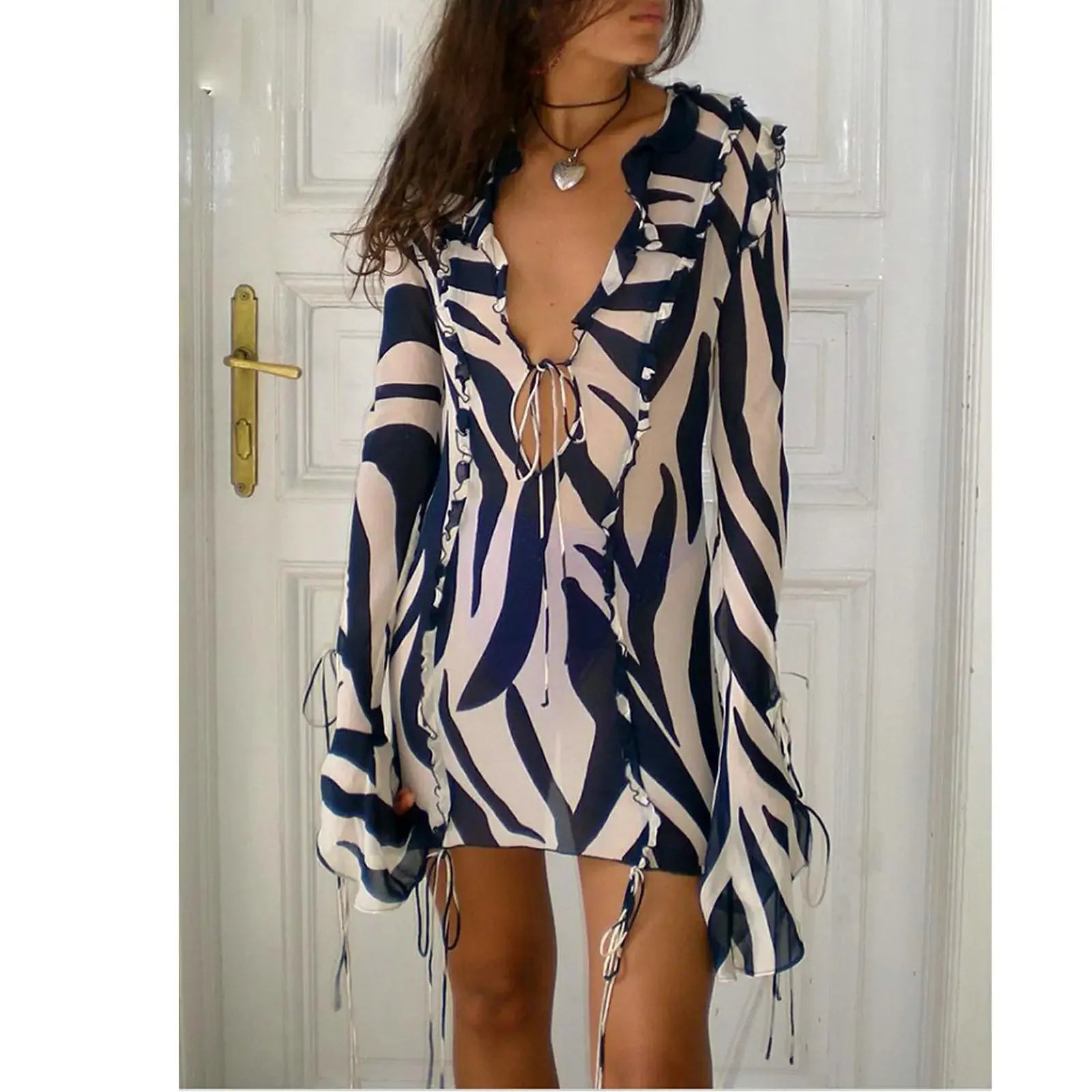 MQTIME  -  Women's Summer Short Tie Up Dress Long Sleeve V Neck Zebra Print Ruffled Hollow Out Cover-ups Short Mini Sundress