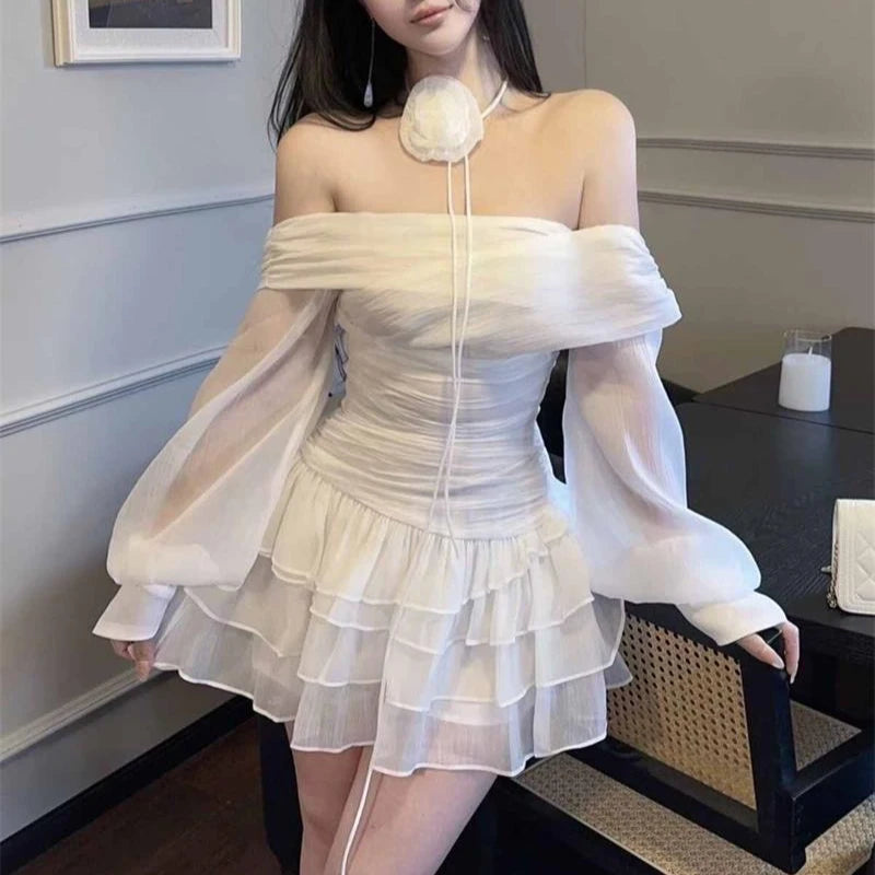 MQTIME  -  French Style Off Shoulder Lantern Sleeve Dress Women Slim Fit Waist A-Line Ruffled Cake Dress Prom Floral Tie Up Bustier Dresses