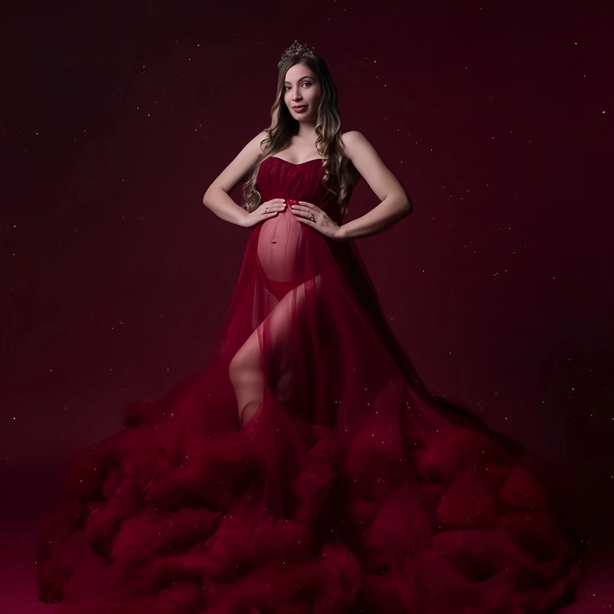 MQTIME  -  Red Tulle Maternity Dress for Photoshoot Off Shoulder Pregnancy Gown Christmas Fluffy Ruffled Robe Vestido Para Grávida