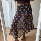 MQTIME  -  2025 Women Color Contrasting Dot Print Irregular Skirt Vacation Style Slimming Wrapped Hip Mesh Half Skirt All-match Outfit