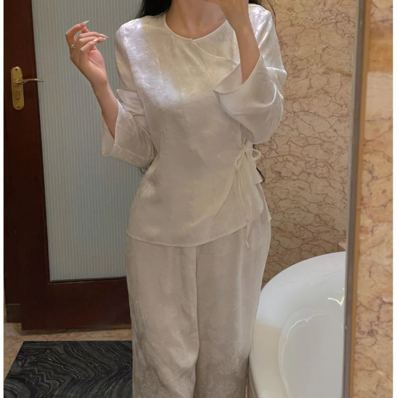 MQTIME  -  Spring Retro Chinese Style Pink Jacquard Home Dress Chinese Set Classical Fashion Round Neck Skew Collar Pajamas Two-piece Trend