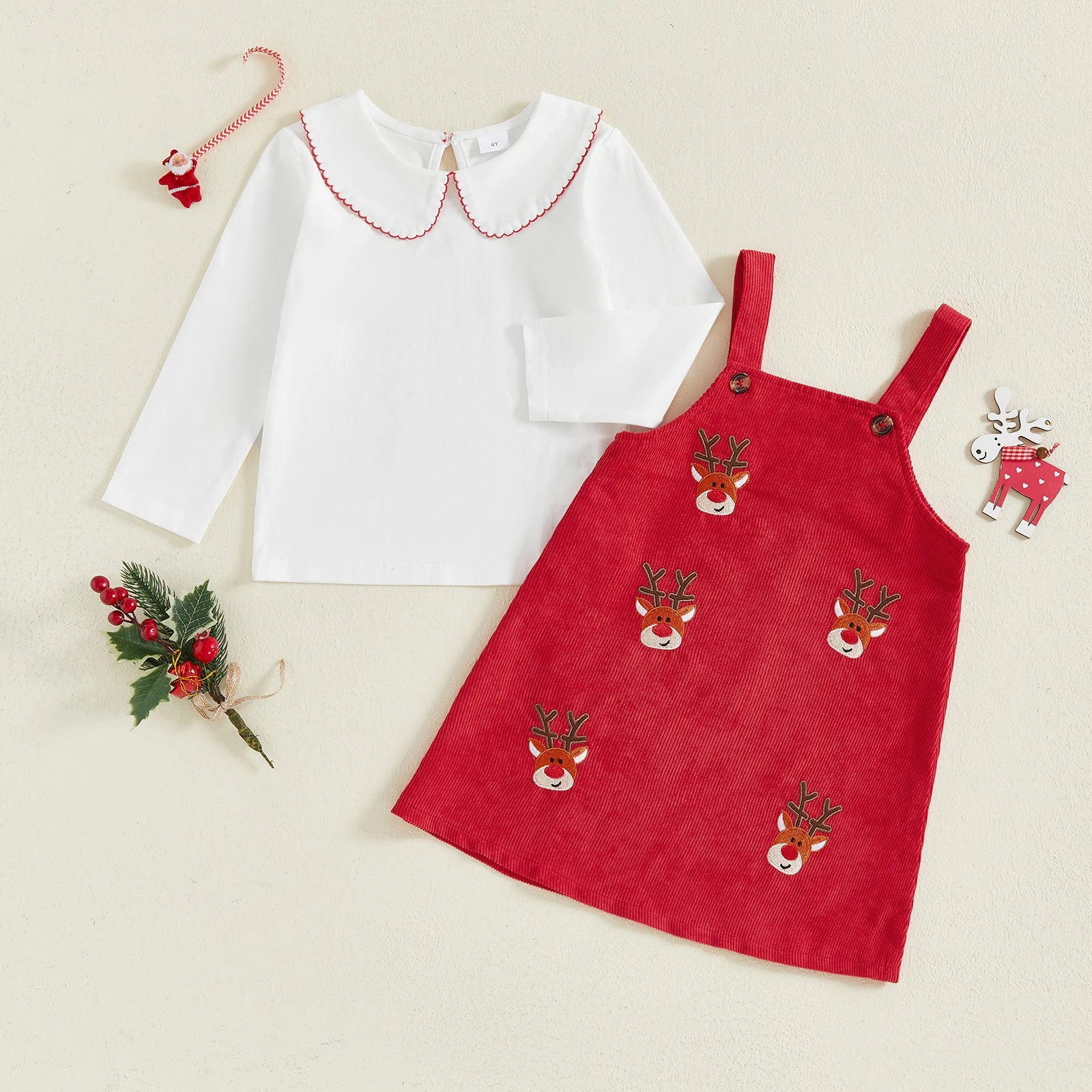 MQTIME  -  Adorable Baby Girl Christmas Outfit with Ruffle Collar Shirt and Reindeer Print Overall Dress - Festive 2 Piece Set for Toddler