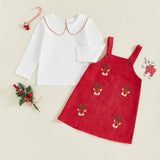 MQTIME  -  Adorable Baby Girl Christmas Outfit with Ruffle Collar Shirt and Reindeer Print Overall Dress - Festive 2 Piece Set for Toddler