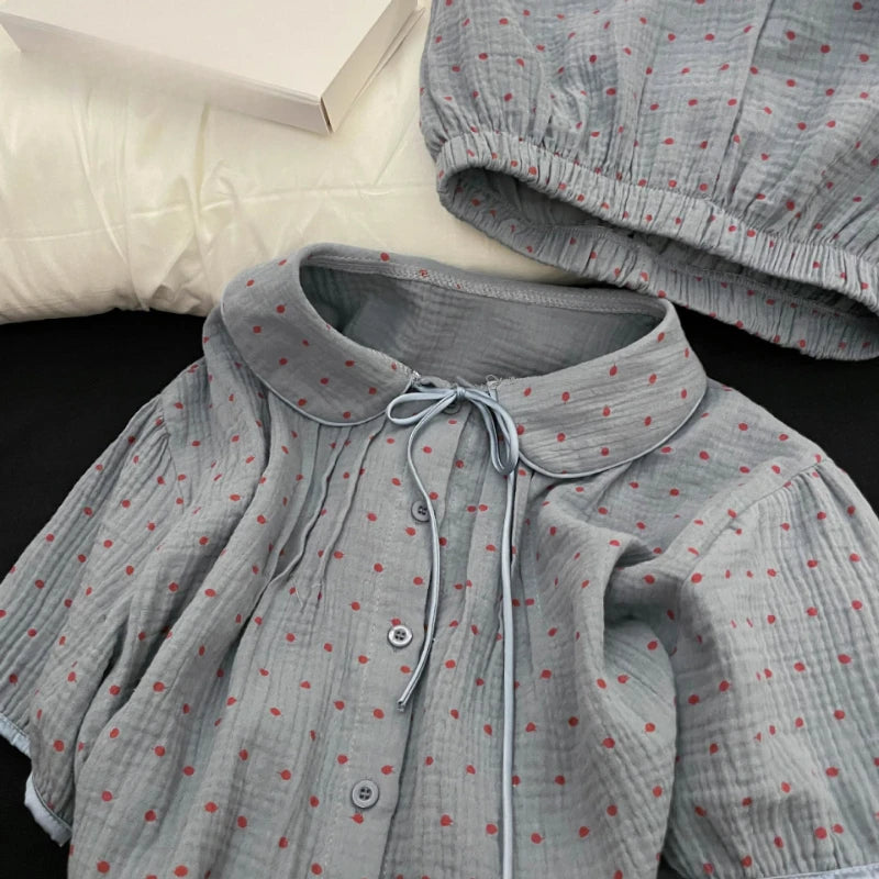 MQTIME  -  Korean Polka Dot Double-layer Cotton Yarn Short-sleeved Pajamas for Women's Summer New Soft and Skin-friendly Home Clothing