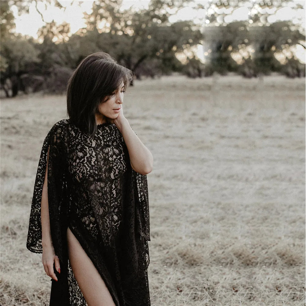 MQTIME  -  Sexy Black Lace Pregnancy Dress For Photo Shoot Fancy Maternity Dresses Photography Prop Split Side Pregnant Women Maxi Gown