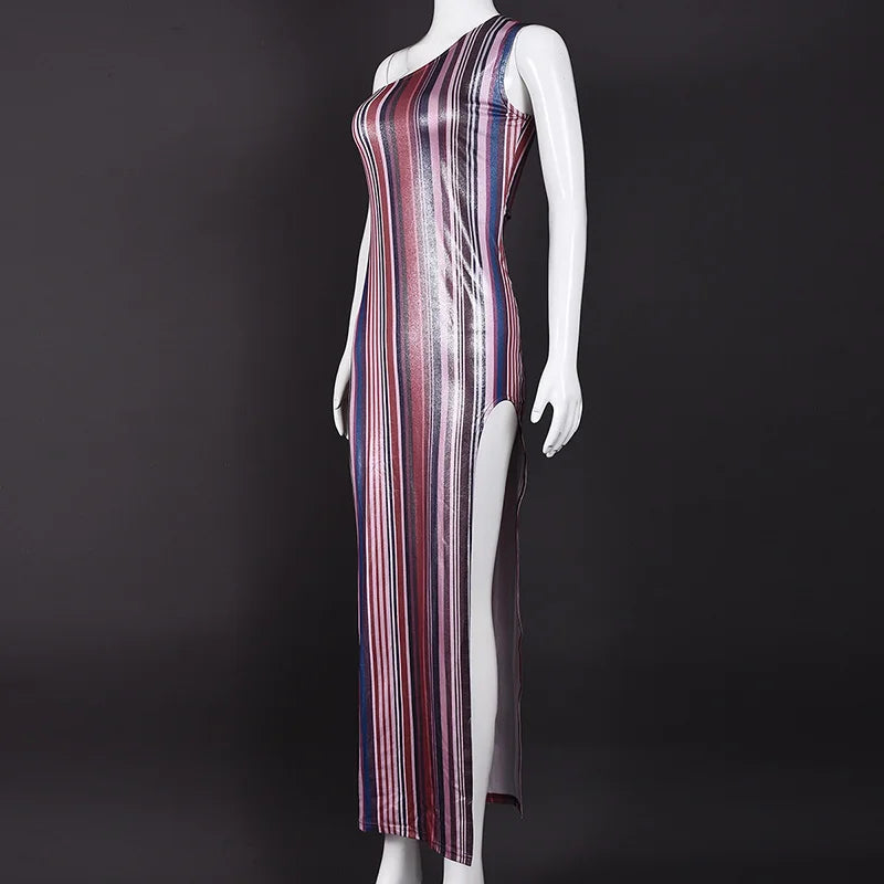 MQTIME  -  Elegant Slant Neck Irregular Wrap Hip Dress Women Fashion Striped Stamped Slim Fit Long Dress Sexy Split Sleeveless Party Dress