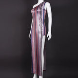 MQTIME  -  Elegant Slant Neck Irregular Wrap Hip Dress Women Fashion Striped Stamped Slim Fit Long Dress Sexy Split Sleeveless Party Dress