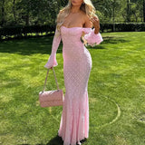 MQTIME  -  Fashion Mesh Lace Embroidery Long Dress Elegant One Shoulder Slim Fishtail Dress Women Casual Flared Sleeve Solid Evening Dress