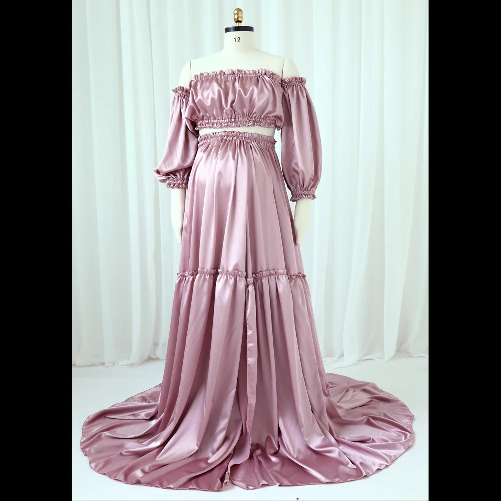 MQTIME  -  Maternity Photography Gown Soft Satin Off Shoulder Pregnant Woman Two piece set Dresses Bohemian Photo Shooting Pregnancy Dress